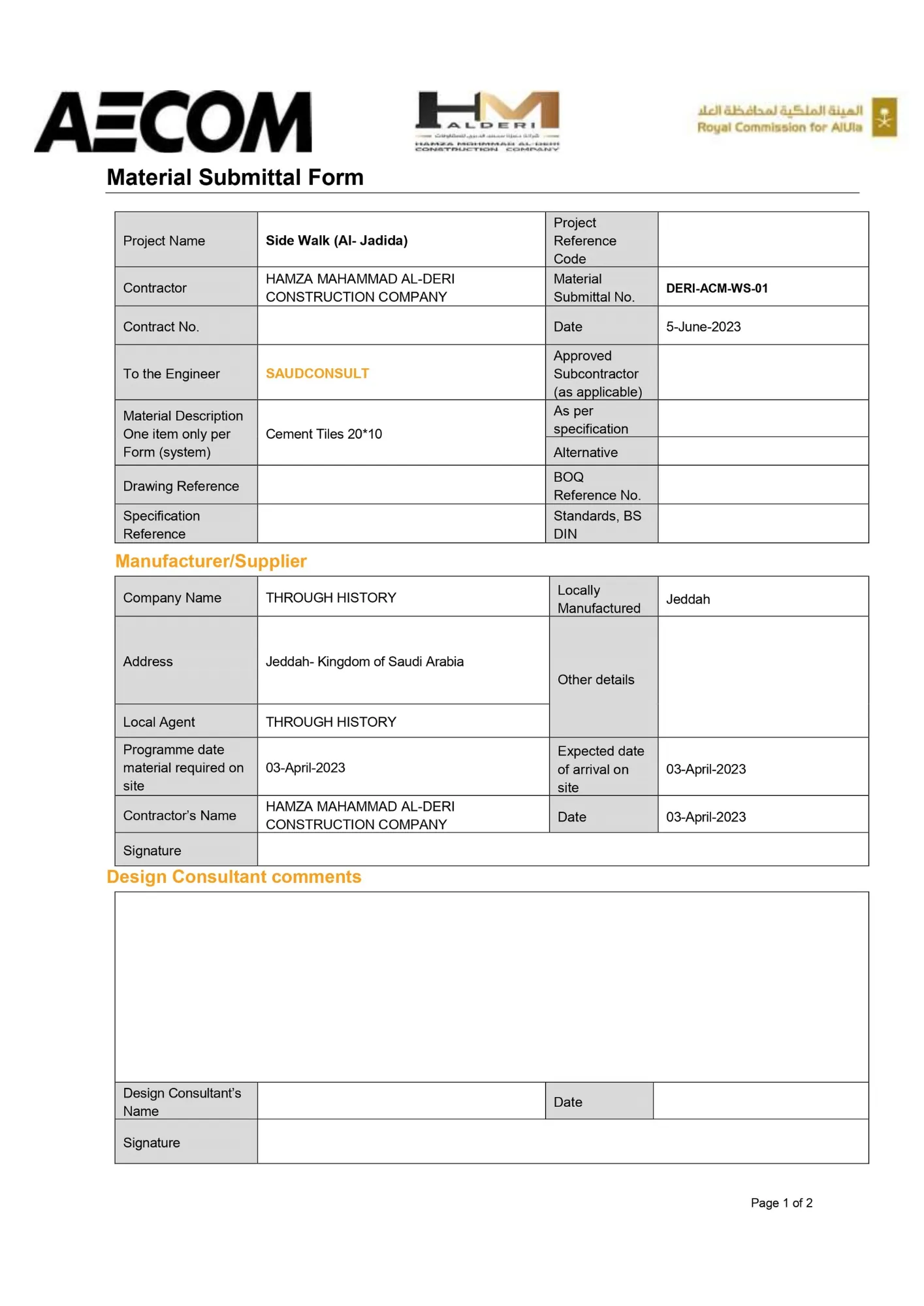 Material Submittal Form